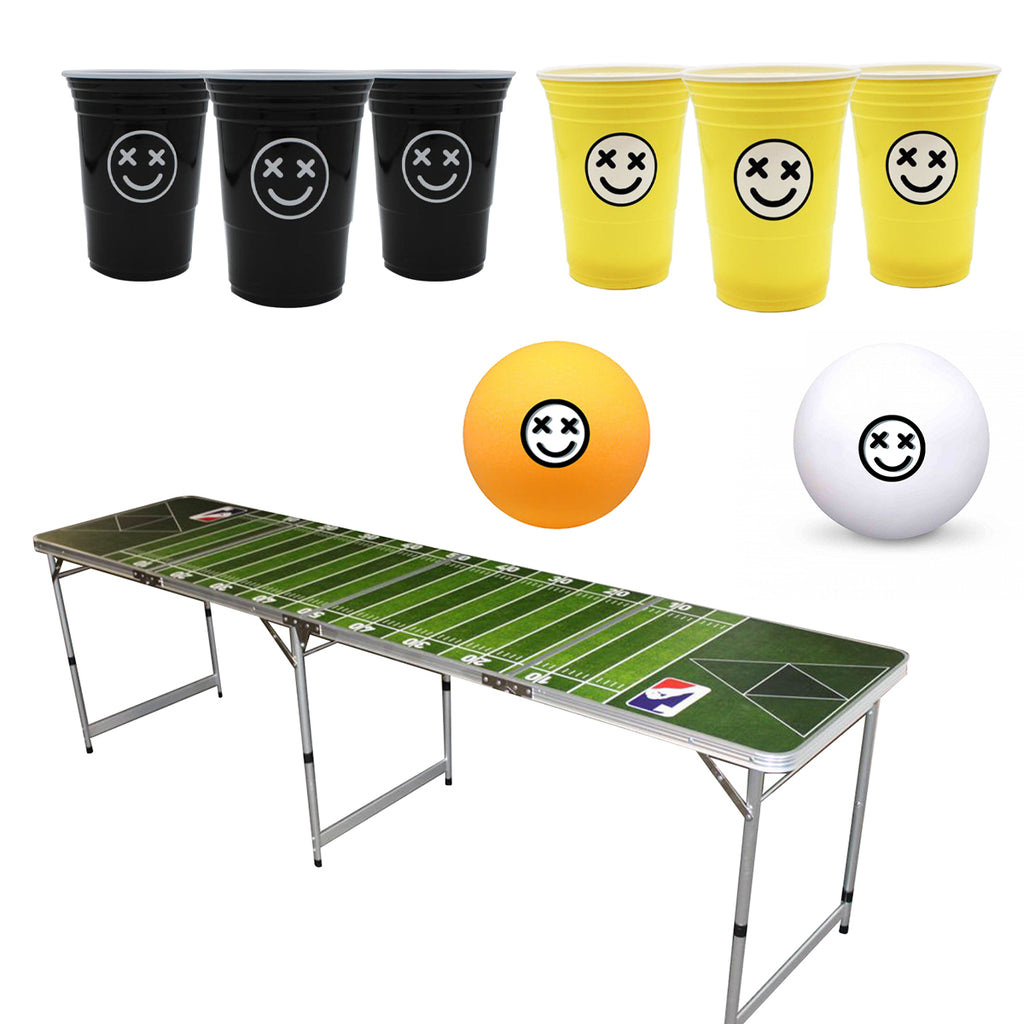 Football Bier-Pong-Tisch + 10 PerfectVibe Becher Rot + 10 Gelb + 8 Bäl